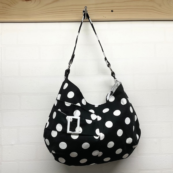 Large scale polka dots handbag, black & white hobo, exterior pocket with buckle design, fun fashion bag for everyday living