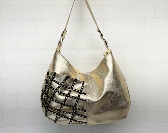 Shiny gold shoulder bag with studded trim crisscross design, metallic faux leather glam bag, large hobo with exterior pocket, free keychain