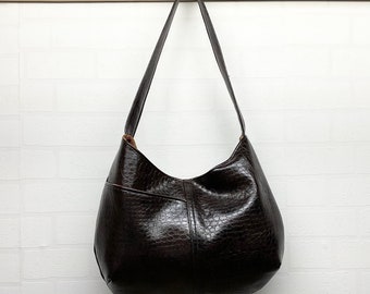 Black coffee brown handbag, shiny snakeskin hobo with pocket, women’s vegan leather fashion bag with modern leaf print interior