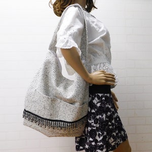 Large Slouch Shoulder Bag: White Black Flecked Upholstery, Beaded Trim