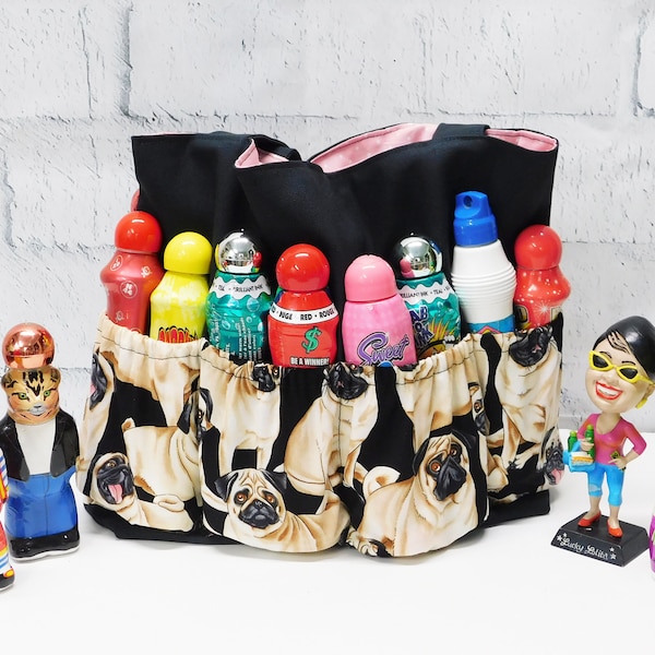 Pug dog print bingo bag with lucky charm keychain, dog lover handbag, pugs makeup organizer, black canvas bingo dauber tote