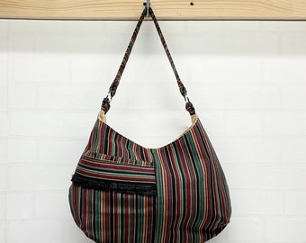 Striped canvas hobo with FREE keychain, shoulder bag with exterior pocket