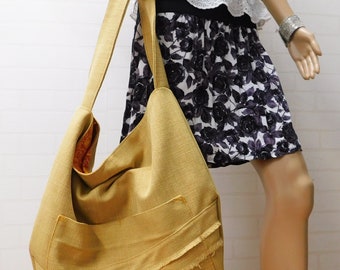 Fringed Pocket Shoulder Bag, large slouch bag, sunflower hobo bag, women's fashion sling