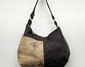 Wool and butterfly print burlap shoulder bag, unique mixed media hobo handbag for the trendsetters, large and trendy sling bag for women