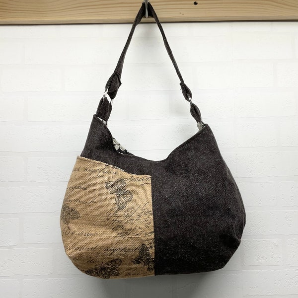 Wool and butterfly print burlap shoulder bag, unique mixed media hobo handbag for the trendsetters, large and trendy sling bag for women