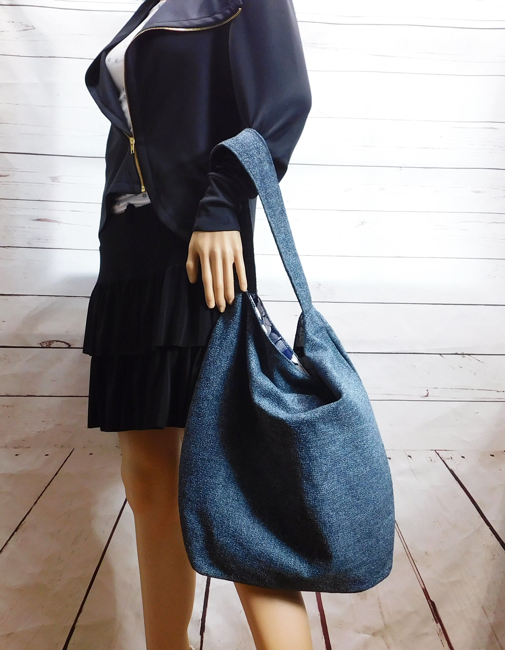 Blue Tweed Handbag Large Navy Blue Shoulder Bag Woven Tweed 