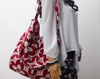 Big Red Flower Bag, unique duck cotton crossbody hobo bag, red & white floral print slouch bag, fun everyday sling bag