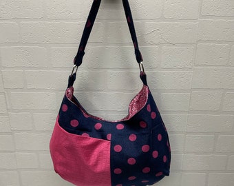Denim polka dots hobo bag for teens and tweens, girls fun fashion bag, pink & denim shoulder bag