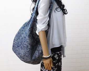 Blue & White Chevron Crossbody, large slouchy hobo bag, lightweight cotton canvas sling bag, women's everyday fashion bag