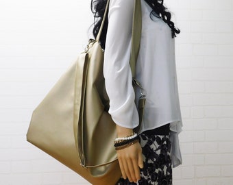 Gold Crossbody Hobo Bag, metallic gold vegan leather handbag, large golden shoulder bag, women's fashion sling