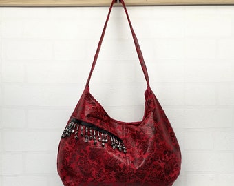 Red paisley leather look shoulder bag with beads trim, ladies unique fashion bag for everyday, large black & red scroll print sling purse