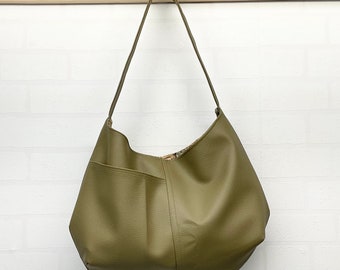 Moss green texture leather look handbag with exterior pocket and woodland floral interior, women’s casual everyday hobo, easy clean surface