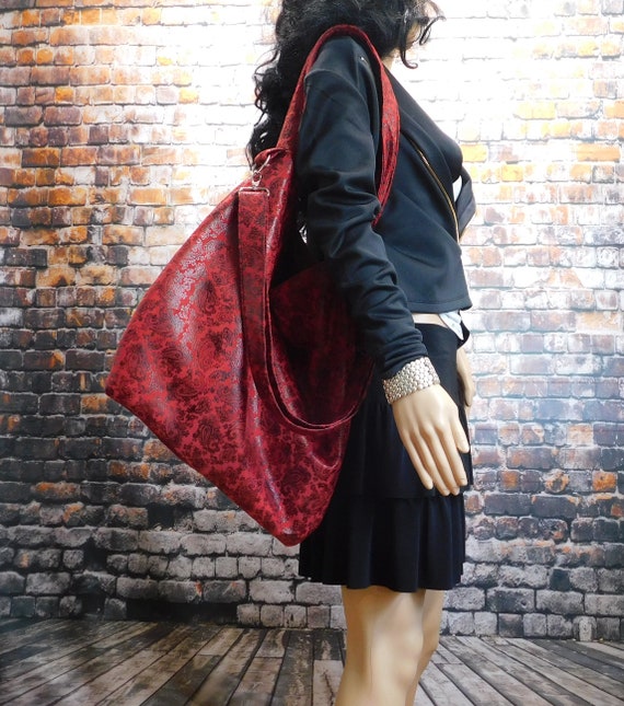 Red Faux Leather Shoulder Bag Large Red Black Paisley Print Crossbody Bag Women s Red Faux Suede Slouch Bag Large Red Hobo With Pockets Etsy Ireland