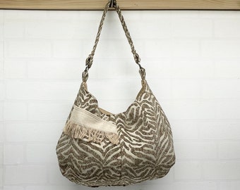 Chenille tiger stripe hobo, animal print handbag, tiger stripes bag with fringe accent, soft chenille upholstery fabric shoulder bag