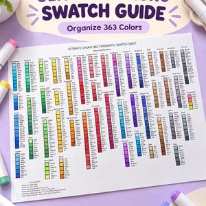 Può includere: Una guida ai campioni di colore su carta bianca intitolata "ULTIMATE OHUHU SWATCH GUIDE" con il sottotitolo "Organize 363 Colors". Il foglio mostra una griglia di 363 quadrati colorati con codici e nomi, circondata da diversi pennarelli bianchi.