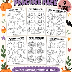 May include: A digital download titled Spooky Skills Practice Pack featuring 9 printable pages. The sheets contain black and white line art of ghosts, bats, mushrooms, pumpkins, potion ingredients, and leaves for practicing patterns, palettes, and effects.