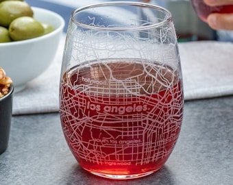 Los Angeles Map Stemless Wine Glass | Engraved Wine Glass (15oz) | Etched Wine Glass| Urban Map Glass | Birthday Gift