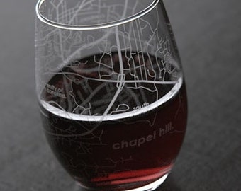 Chapel Hill NC Map Stemless Wine Glass | Engraved Wine Glass (15oz) | Etched Wine Glass | Housewarming Gift | Moving Gift