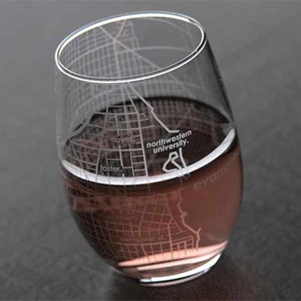 Evanston IL Map Stemless Wine Glass | Engraved Wine Glass (15oz) | Etched Wine Glass| Urban Map Glass | Birthday Gift