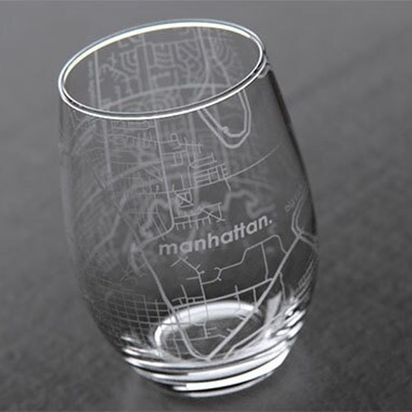 Manhattan KS Map Stemless Wine Glass | Engraved Wine Glass (15oz) | Etched Wine Glass | Bridesmaid Gift | Gift For Her