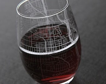 Columbus OH Map Stemless Wine Glass | Engraved Wine Glass (15oz) | Etched Wine Glass| Urban Map Glass | Birthday Gift