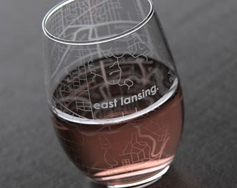 East Lansing MI Map Stemless Wine Glass | Engraved Wine Glass (15oz) | Etched Wine Glass| Urban Map Glass | Birthday Gift