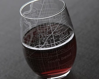 South Bend IN Map Stemless Wine Glass | Engraved Wine Glass (15oz) | Etched Wine Glass | Gift For Mom | Realtor Closing Gift