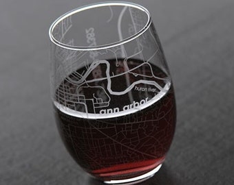 Ann Arbor MI Map Stemless Wine Glass | Engraved Wine Glass (15oz) | Etched Wine Glass | Housewarming Gift | Moving Gift