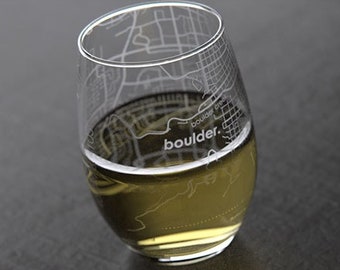 Boulder CO Map Stemless Wine Glass | Engraved Wine Glass (15oz) | Etched Wine Glasses | Housewarming Gift | Moving Gift