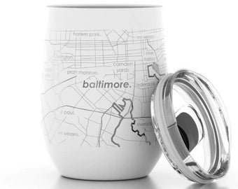 Custom City Map Insulated Wine Tumbler | Any City / Town Personalized | Custom Engraved 12 oz Tumbler w/ Lid | Personalized Gift for Her