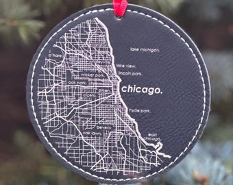 Custom City Map Holiday Ornament | Any City / Town Personalized | Etched Vegan Faux Leather | Seasonal Christmas Ornament Gift