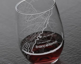 Barcelona Spain Map Stemless Wine Glass | Engraved Wine Glass (15oz) | Etched Wine Glass | Housewarming Gift | Moving Gift