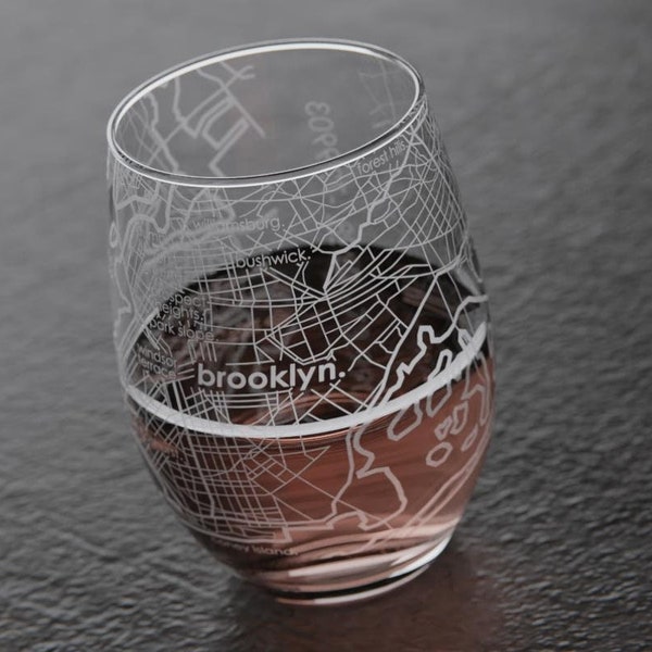Brooklyn Map Stemless Wine Glass | Engraved Wine Glass (15oz) | Etched Wine Glasses | Housewarming Gift | Moving Gift