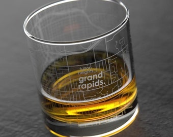 Grand Rapids, MI City Map Rocks Glass | Engraved Whiskey Glass (11oz) | Etched Bourbon Glasses | Housewarming Gift | Gifts for Him