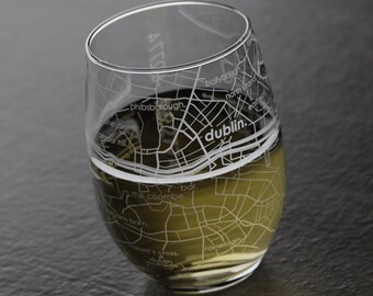 Dublin, Ireland Map Stemless Wine Glass | Engraved Wine Glass (15oz) | Etched Wine Glass| Urban Map Glass | Birthday Gift