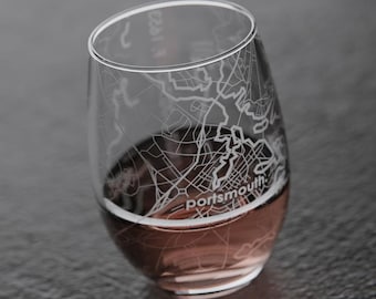 Portsmouth, NH Map Stemless Wine Glass | Engraved Wine Glass (15oz) | Etched Wine Glass | Bridesmaid Gift | Gift For Her