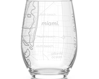 Miami, FL Map Stemless Wine Glass | Engraved Wine Glass (15oz) | Etched Wine Glasses | Bridesmaid Gift | Gift For Her