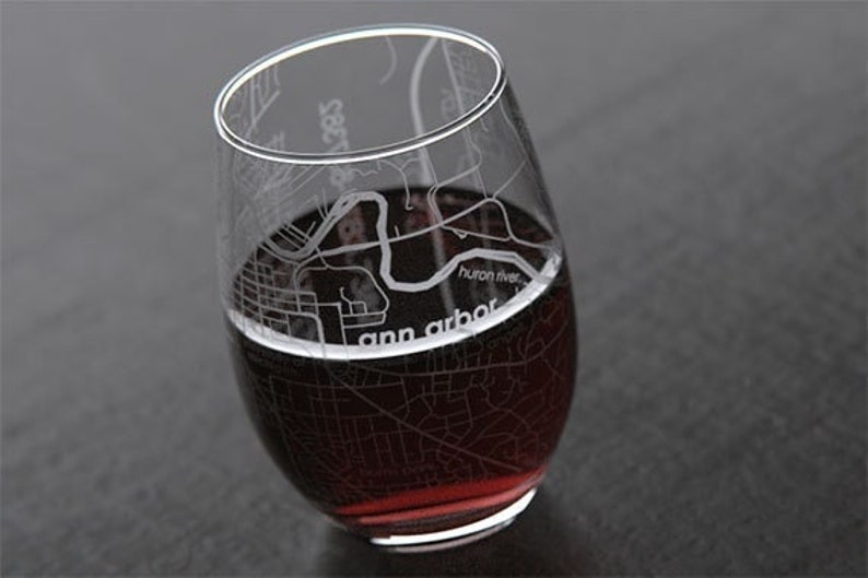Ann Arbor MI Map Stemless Wine Glass Engraved Wine Glass 15oz Etched Wine Glass Housewarming Gift Moving Gift image 1