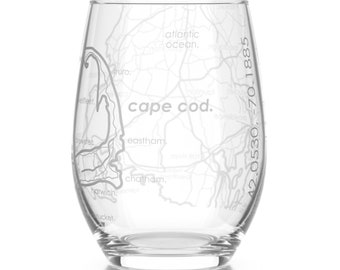 Cape Cod Map Stemless Wine Glass | Engraved Wine Glass (15oz) | Etched Wine Glasses | Housewarming Gift | Moving Gift