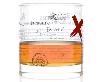 Treasure Island Literature Rocks Glass | Bourbon Whiskey Glass (11oz) | Book Lover Gift | Teacher Gift | Literary Gifts | Gifts for Writers