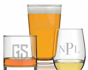 Custom Monogram Glass w Riedel Crystal Option | Personalized Initials | Wedding Gift | Engraved Rocks Glass | Wine Glass | Coffee Mug | Pint