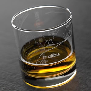 Malibu, CA City Map Rocks Glass | Engraved Whiskey Glass (11oz) | Etched Bourbon Glasses | New House Warming Gift | Gifts for Him