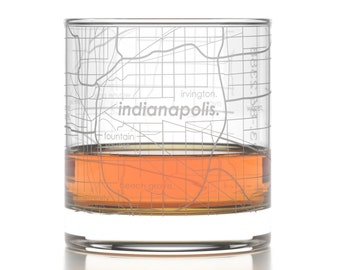 Indianapolis City Map Rocks Glass | Engraved Whiskey Glass (11oz) | Etched Bourbon Glasses | New House Warming Gift | Gifts for Him