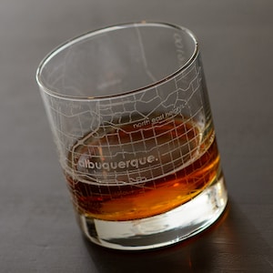 Albuquerque City Map Rocks Glass | Engraved Whiskey Glass (11oz) | Etched Bourbon Glasses | New House Warming Gift | Gifts for Him
