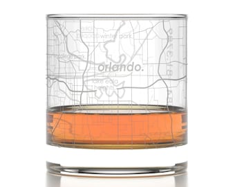 Orlando City Map Rocks Glass | Engraved Whiskey Glass (11oz) | Etched Bourbon Glasses | Housewarming Gift | Gifts for Him  | Urban Map Glass