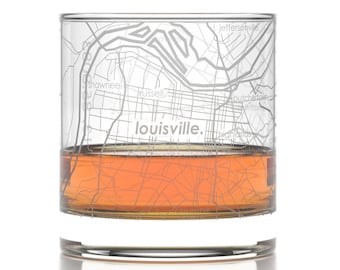 Louisville City Map Rocks Glass | Engraved Whiskey Glass (11oz) | Etched Bourbon Glasses | New House Warming Gift | Gifts for Him