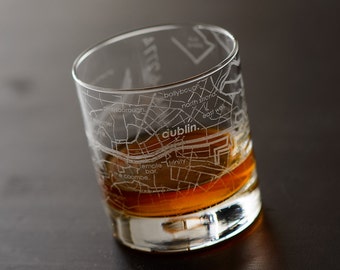 Dublin City Map Rocks Glass | Engraved Whiskey Glass (11oz) | Etched Bourbon Glasses | Housewarming Gift | Gifts for Him  | Urban Map Glass