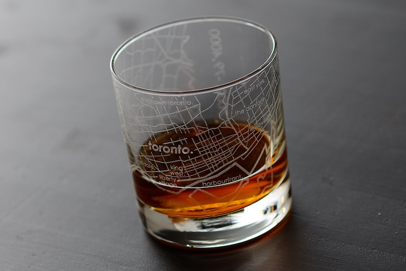 Toronto Canada City Map Rocks Glass Engraved Whiskey Glass 11oz Etched Bourbon Glasses Travel Lover Gift Gifts for Him image 1