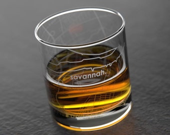 Savannah, GA City Map Rocks Glass | Engraved Whiskey Glass (11oz) | Etched Bourbon Glasses | New House Warming Gift | Gifts for Him