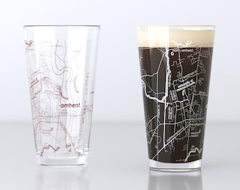 Amherst MA Map Pint Glass Pair - Maroon & White